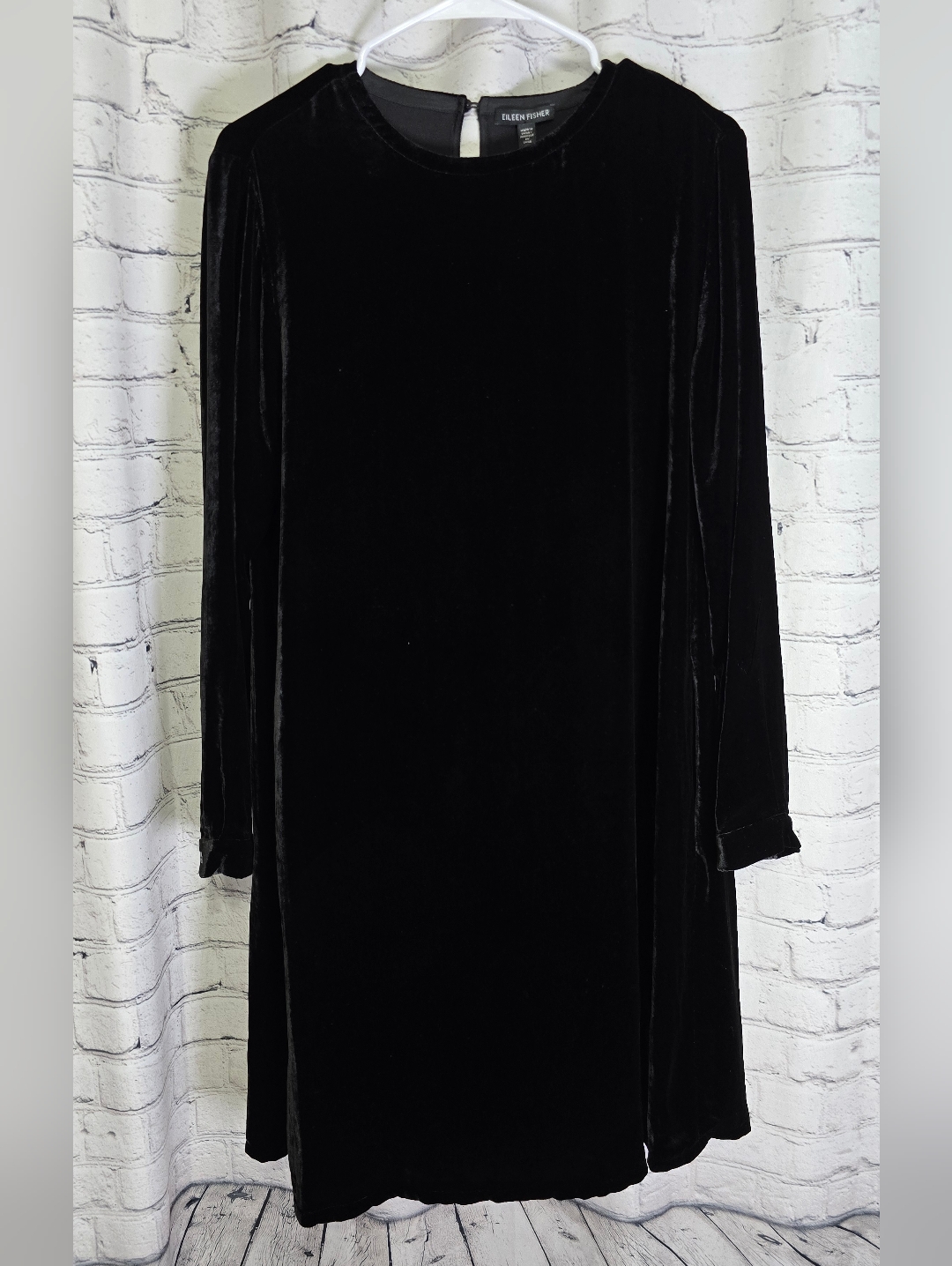Eileen Fisher Black Velvet Long Sleeve Shift Dress Silk Blend Nwt